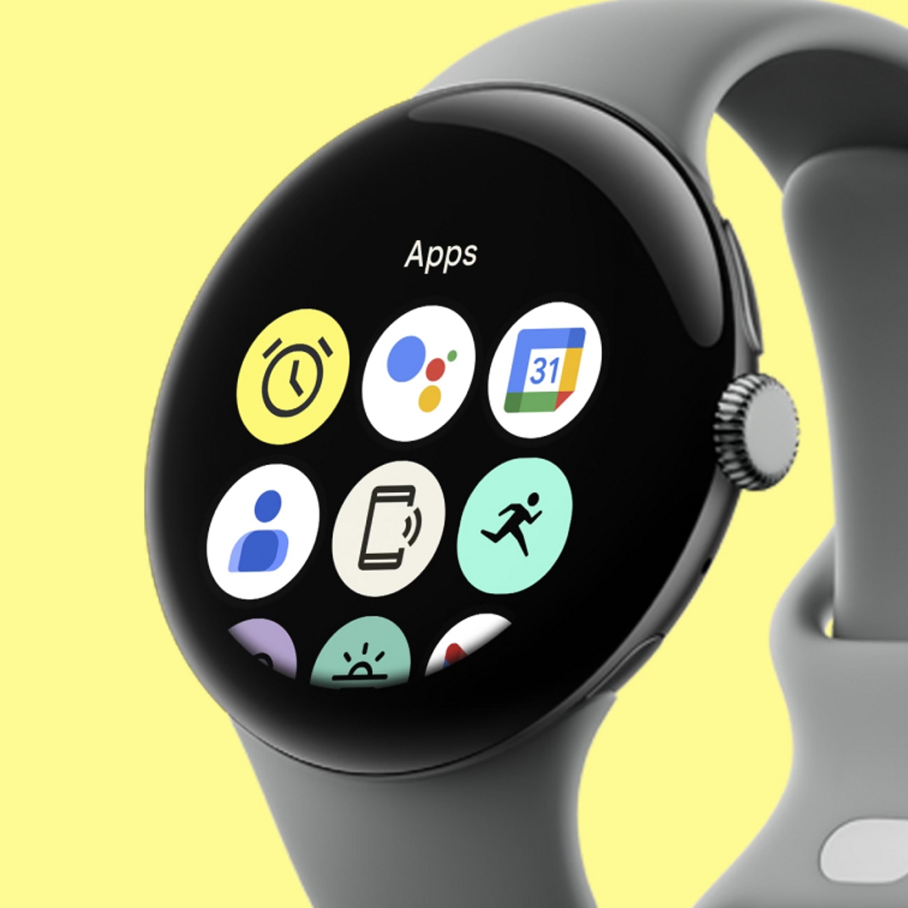 Google Pixel Watch 3 screen with large icons.