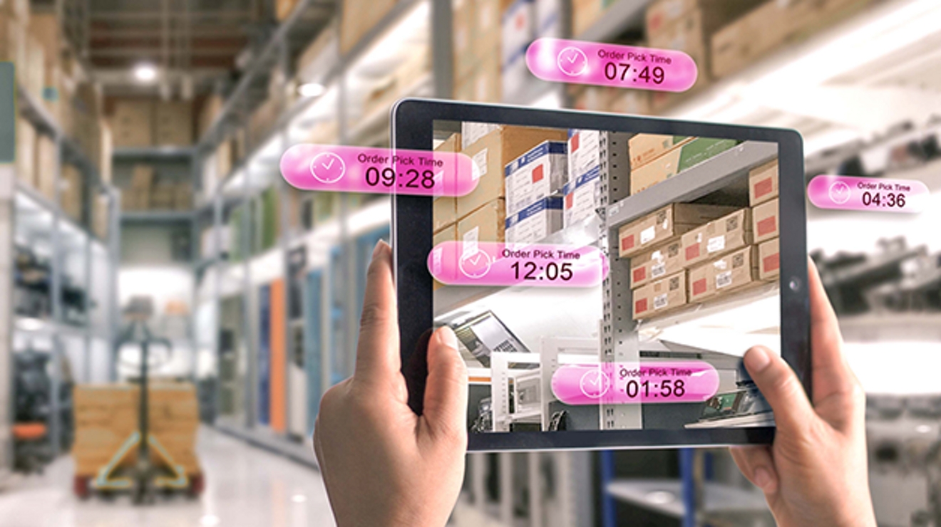 Hands holding digital tablet smart phone using AR application to check status of orders.